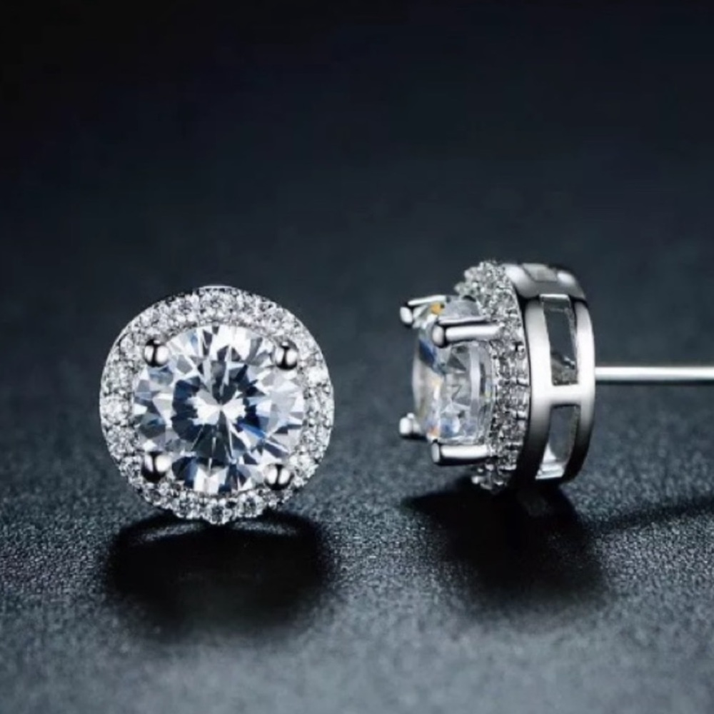 New Round Stud Diamond Sterling Silver Earrings - Picture 13 of 14